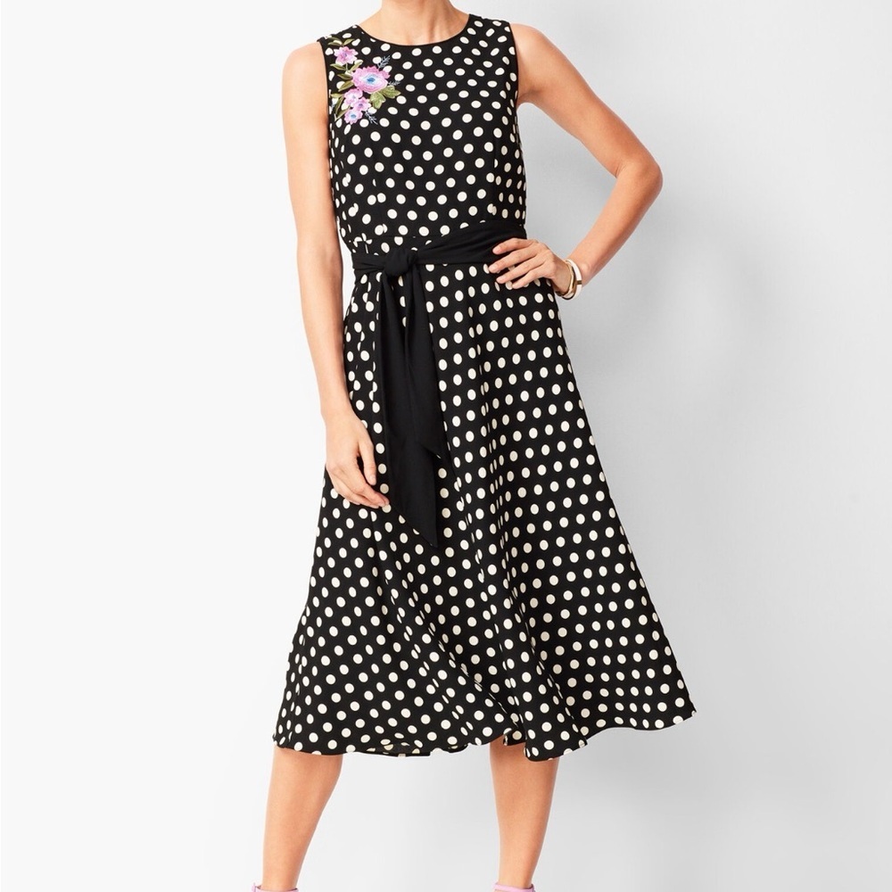 RSVP by Talbots Black White Polka Dot Midi Dress Size 14 Tie Waist
